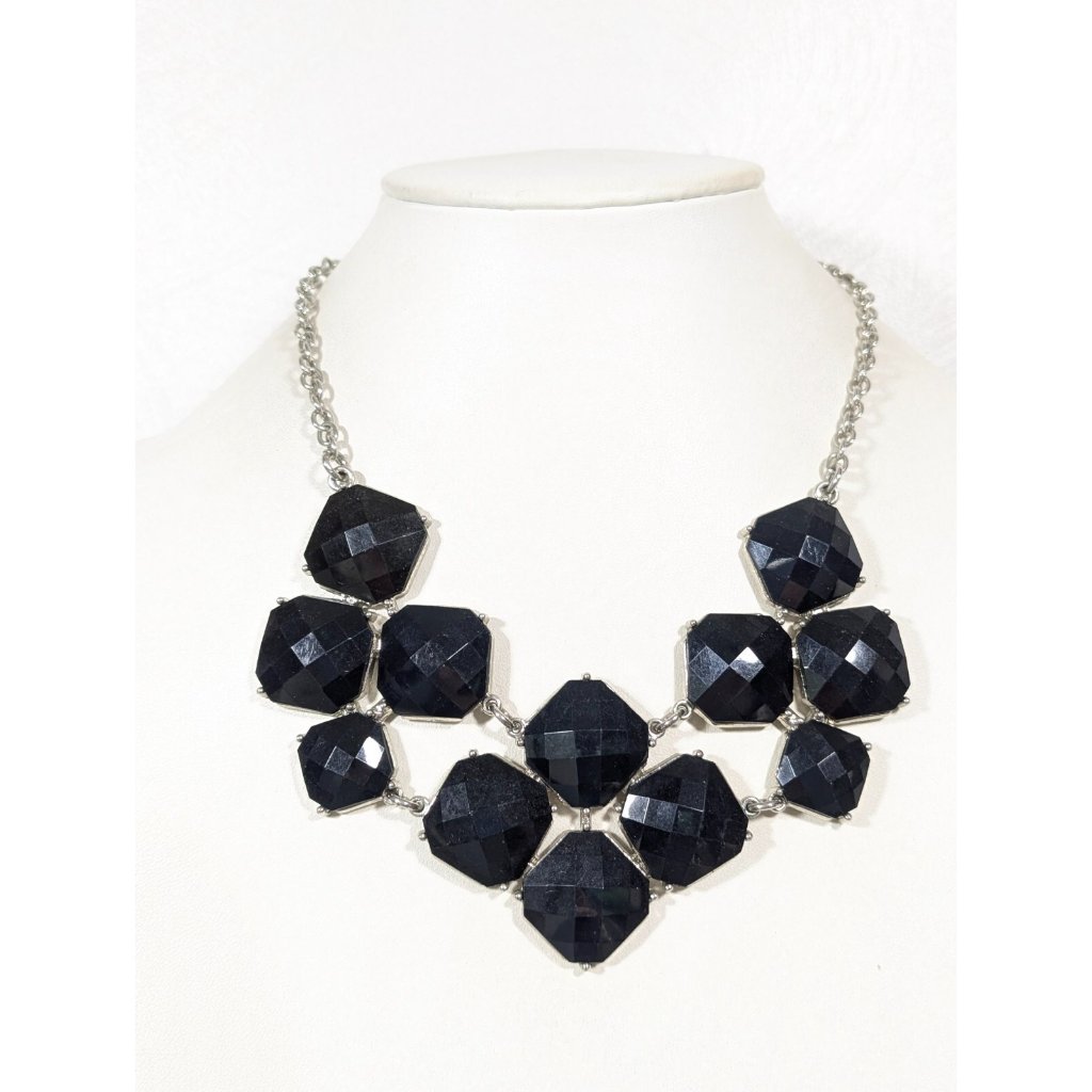 Nyc Silver Tone Black Square Faceted Cabochon Statement Necklace Bold 19 In